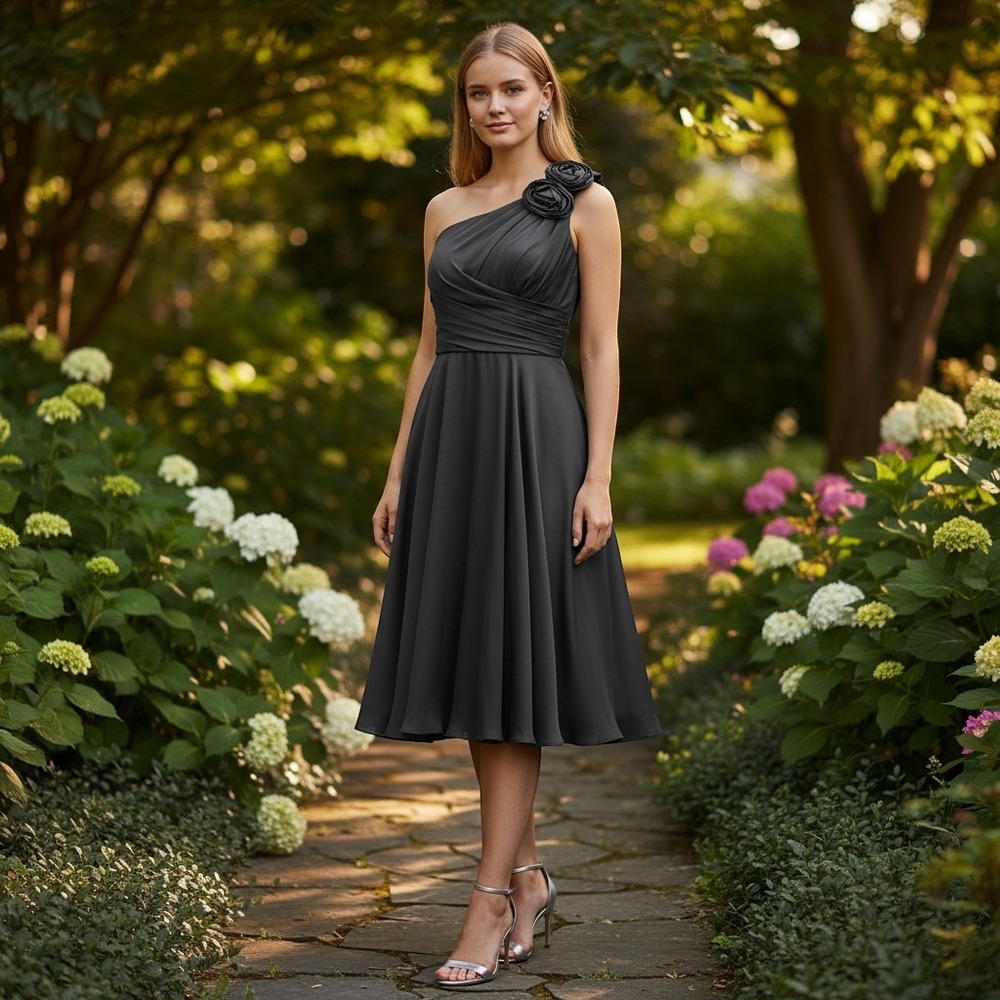 Cache Cocktail Dress Womens 8 Black Excellent One Shoulder Rosette Ruched Flare